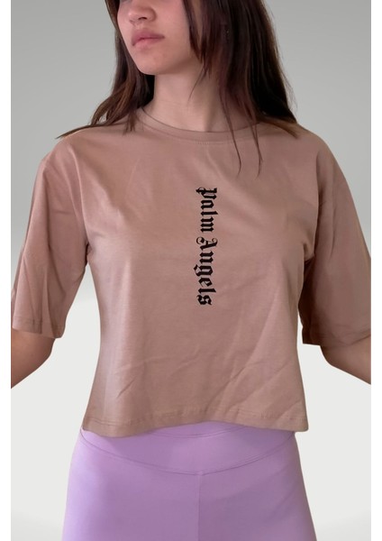 Kadın Kahverengi Baskılı Oversize Crop T-shirt