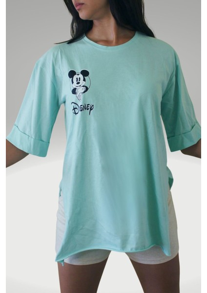 Kadın Mint Yeşili Geniş Kesim Disney Baskılı Tshirt