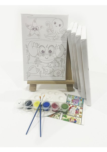 5'li Çocuk Ressam Seti - 20 x 30 cm Önçizimli Tuval, 2 Adet Fırça, Palet, Boyalar ve Şövale