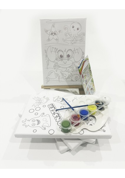 5'li Çocuk Ressam Seti - 20 x 30 cm Önçizimli Tuval, 2 Adet Fırça, Palet, Boyalar ve Şövale