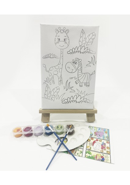 Zebra Zürafa Çocuk Ressam Seti - 20 x 30 cm Önçizimli Tuval, 2 Adet Fırça, Palet, Boyalar ve Şövale