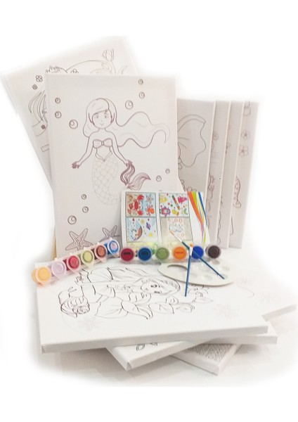 10'lu 30 x 40 cm Çocuk Ressam Seti - Önçizimli Tuval, 2 Adet Fırça, Palet, Boyalar ve Şövale