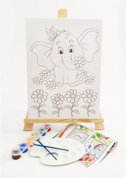 Çiçekli Fil Çocuk Ressam Seti - 30 x 40 cm Önçizimli Tuval, 2 Adet Fırça, Palet, Boyalar ve Şövale