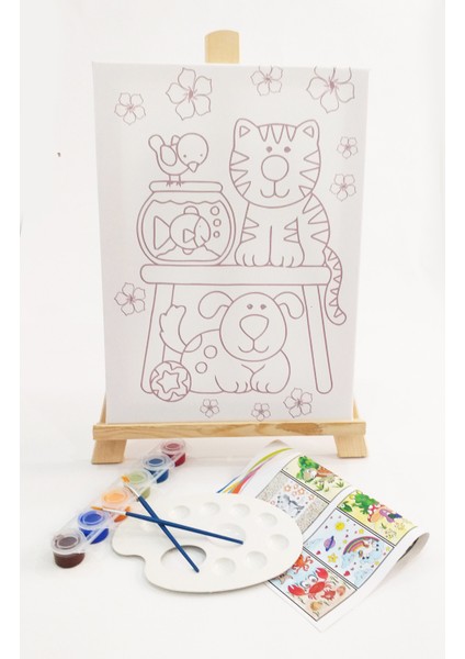 Akvaryum Çocuk Ressam Seti - 30 x 40 cm Önçizimli Tuval, 2 Adet Fırça, Palet, Boyalar ve Şövale