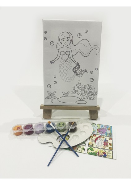 Deniz Kızı Çocuk Ressam Seti - 20 x 30 cm Önçizimli Tuval, 2 Adet Fırça, Palet, Boyalar ve Şövale