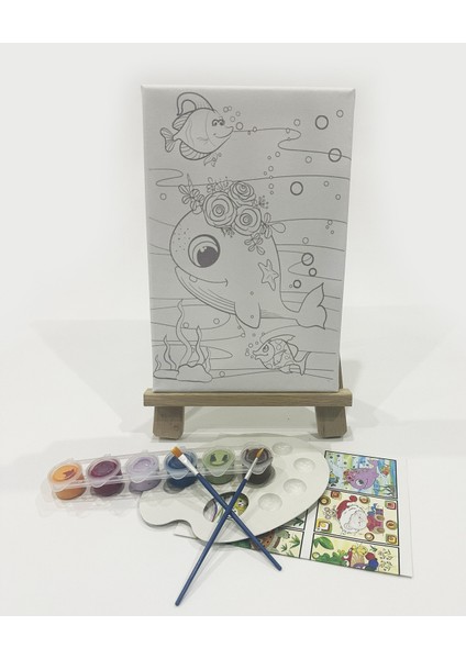 Mor Balina Çocuk Ressam Seti - 20 x 30 cm Önçizimli Tuval, 2 Adet Fırça, Palet, Boyalar ve Şövale