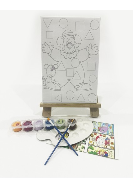 Palyaço Çocuk Ressam Seti - 20 x 30 cm Önçizimli Tuval, 2 Adet Fırça, Palet, Boyalar ve Şövale