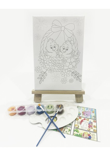 Kuş Yuvası Çocuk Ressam Seti - 20 x 30 cm Önçizimli Tuval, 2 Adet Fırça, Palet, Boyalar ve Şövale