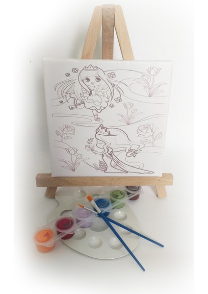 Iki Prenses Çocuk Ressam Seti - 20 x 20 cm Önçizimli Tuval, 2 Ad. Fırça, Palet, Boyalar ve Şövale