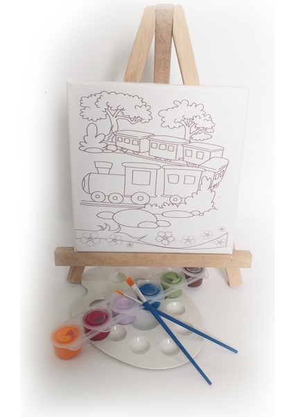 Renkli Tren Çocuk Ressam Seti - 20 x 20 cm Önçizimli Tuval, 2 Ad. Fırça, Palet, Boyalar ve Şövale