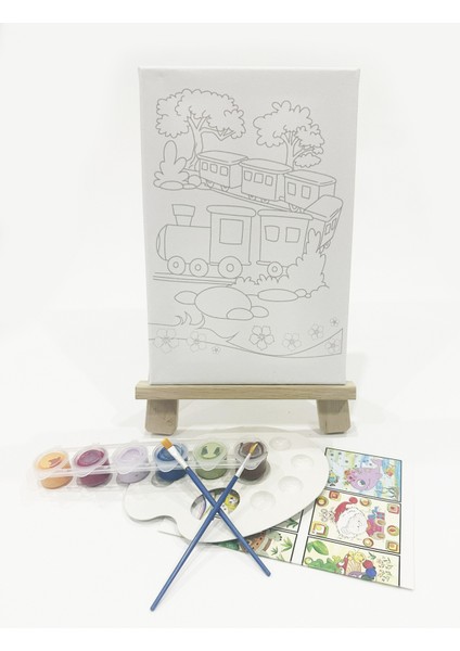 Renkli Tren Çocuk Ressam Seti - 20 x 30 cm Önçizimli Tuval, 2 Adet Fırça, Palet, Boyalar ve Şövale
