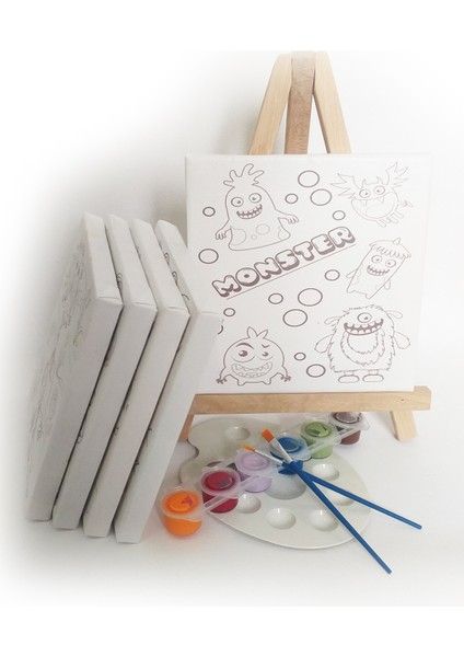 5'li Çocuk Ressam Seti - 20 x 20 cm Önçizimli Tuval, 2 Ad. Fırça, Palet, Boyalar ve Şövale