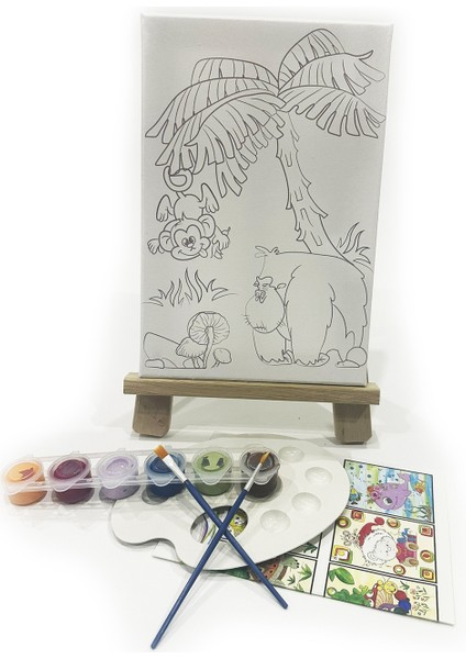 Goril &maymun Çocuk Ressam Seti - 20 x 30 cm Önçizimli Tuval, 2 Adet Fırça, Palet, Boyalar ve Şövale