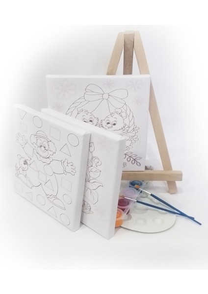 3'lü Çocuk Ressam Seti - 20 x 20 cm Önçizimli Tuval, 2 Ad. Fırça, Palet, Boyalar ve Şövale
