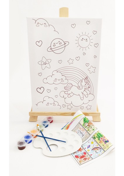 Dev Kurbağa Çocuk Ressam Seti - 30 x 40 cm Önçizimli Tuval, 2 Adet Fırça, Palet, Boyalar ve Şövale