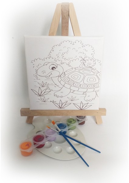 Kaplumbağa Çocuk Ressam Seti - 20 x 20 cm Önçizimli Tuval, 2 Ad. Fırça, Palet, Boyalar ve Şövale