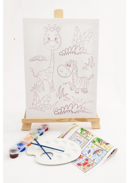 Zebra Zürafa Çocuk Ressam Seti - 30 x 40 cm Önçizimli Tuval, 2 Adet Fırça, Palet, Boyalar ve Şövale