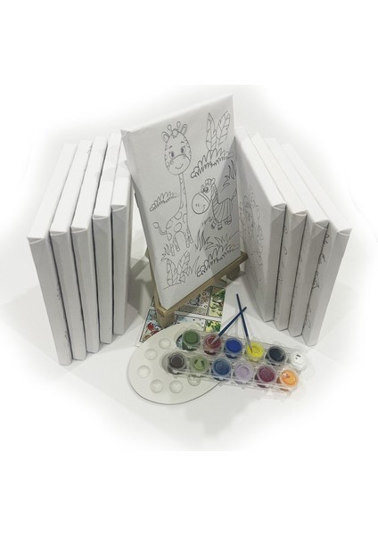 20'li Çocuk Ressam Seti - 20 x 30 cm Önçizimli Tuval, 2 Adet Fırça, Palet, Boyalar ve Şövale