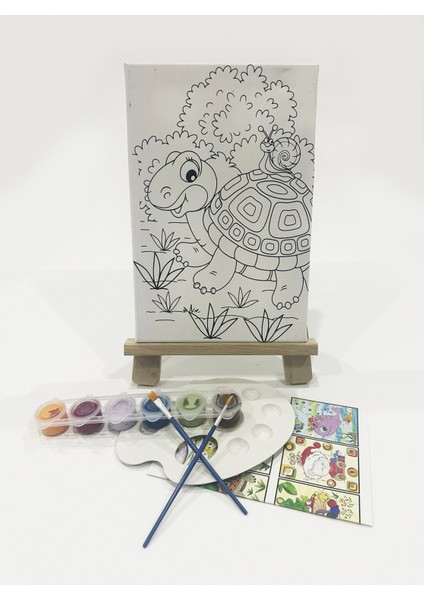 Kaplumbağa Çocuk Ressam Seti - 20 x 30 cm Önçizimli Tuval, 2 Adet Fırça, Palet, Boyalar ve Şövale