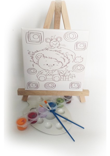 Fareli Köy Çocuk Ressam Seti - 20 x 20 cm Önçizimli Tuval, 2 Ad. Fırça, Palet, Boyalar ve Şövale