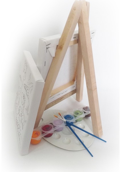 Fareli Köy Çocuk Ressam Seti - 20 x 20 cm Önçizimli Tuval, 2 Ad. Fırça, Palet, Boyalar ve Şövale