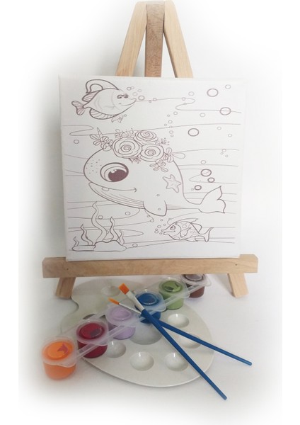 Mor Balina Çocuk Ressam Seti - 20 x 20 cm Önçizimli Tuval, 2 Ad. Fırça, Palet, Boyalar ve Şövale