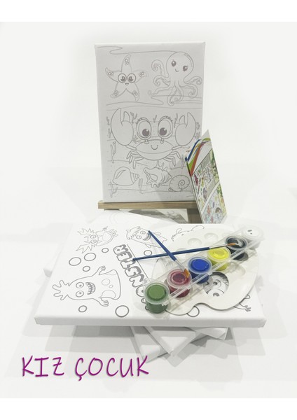 Kız Çocuk 5'li Ressam Seti - 20 x 30 cm Önçizimli Tuval, 2 Adet Fırça, Palet, Boyalar ve Şövale