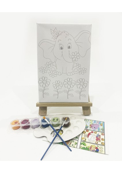 Çiçekli Fil Çocuk Ressam Seti - 20 x 30 cm Önçizimli Tuval, 2 Adet Fırça, Palet, Boyalar ve Şövale