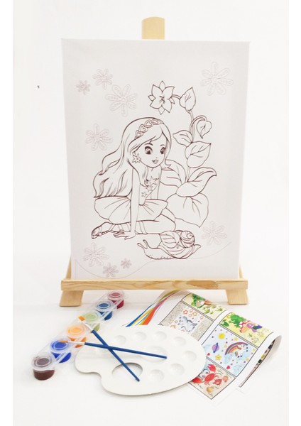 Salyangoz Çocuk Ressam Seti - 30 x 40 cm Önçizimli Tuval, 2 Adet Fırça, Palet, Boyalar ve Şövale