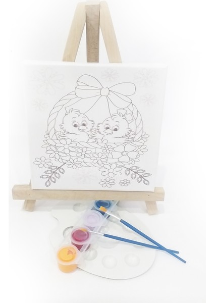 Kuş Yuvası Çocuk Ressam Seti - 20 x 20 cm Önçizimli Tuval, 2 Adet Fırça, Palet, Boyalar ve Şövale