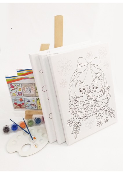 3'lü 30 x 40 cm Çocuk Ressam Seti - Önçizimli Tuval, 2 Adet Fırça, Palet, Boyalar ve Şövale