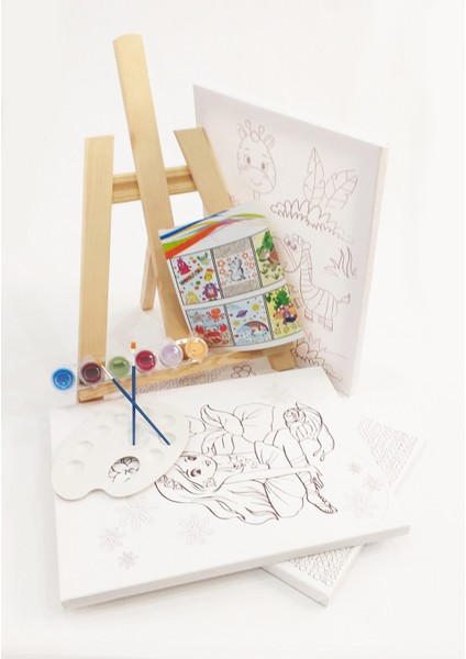3'lü 30 x 40 cm Çocuk Ressam Seti - Önçizimli Tuval, 2 Adet Fırça, Palet, Boyalar ve Şövale