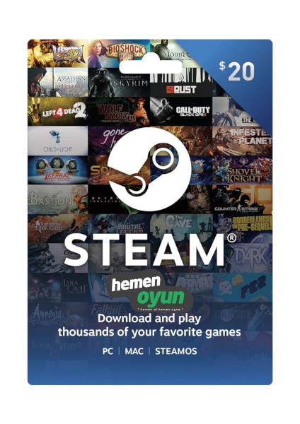 Steam Gift Card 20 USD Dijital Kod PC Oyunları İçin Anlık Teslimat
