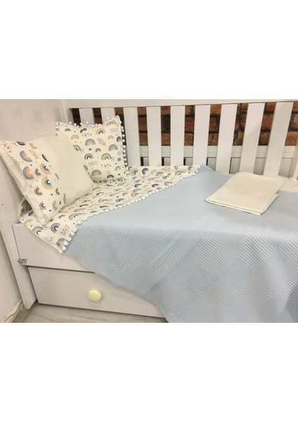 Buse Baby Home Busebabyhome Mavi, Çocuk Çok Amaçlı Poplin ,pikeli ve Ponponlu Nevresim Takımı 6'lı Set