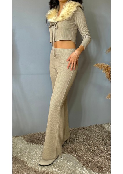 Triko Tüy Detay Bej Takım