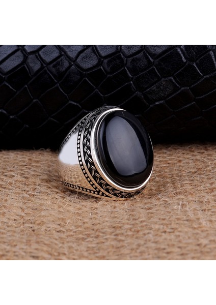 Örgü Desenli Oval Onix Taşlı 925 Ayar Gümüş Yüzük