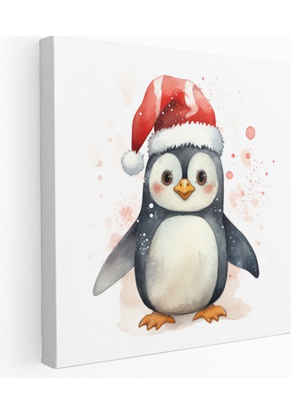 Penguen Kanvas Tablo - Noel Baba Şapkalı Sevimli Suluboya Penguen - Penguen, Duvar Tablosu, Suluboya Penguen, Penguen Duvar Tablosu, 30X30