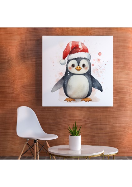 Penguen Kanvas Tablo - Noel Baba Şapkalı Sevimli Suluboya Penguen - Penguen, Duvar Tablosu, Suluboya Penguen, Penguen Duvar Tablosu, 30X30