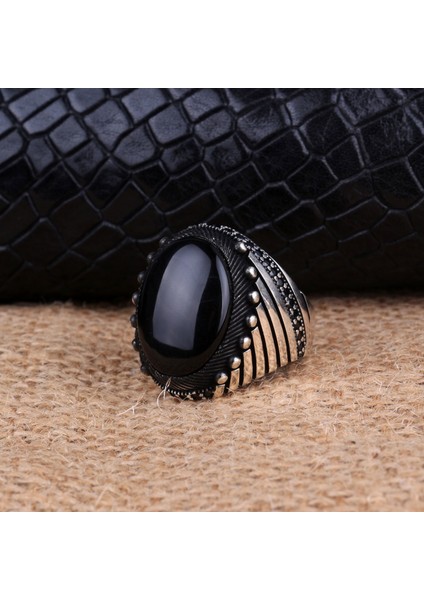925 Ayar Gümüş Oval Onix Taşlı Erkek Yüzük fırsatları
