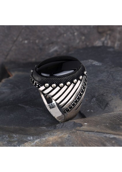 925 Ayar Gümüş Oval Onix Taşlı Erkek Yüzük indirimleri