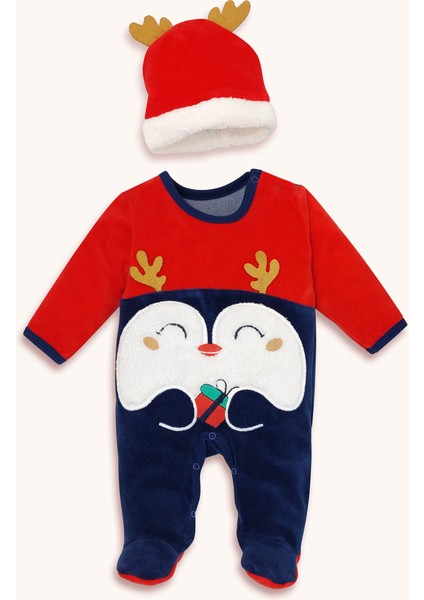 Yılbaşı Temalı Şapkalı Alttan Çıtçıtlı Penguen Nakışlı ve Welsoft Detaylı Unisex Kadife Tulum