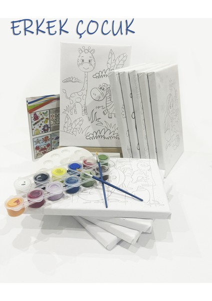 Erkek Çocuk 10'lu Ressam Seti - 20 x 30 cm Önçizimli Tuval, 2 Adet Fırça, Palet, Boyalar ve Şövale