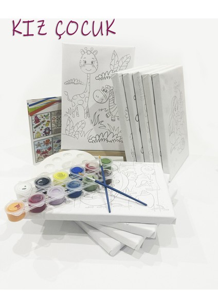 Kız Çocuk 10'lu Ressam Seti - 20 x 30 cm Önçizimli Tuval, 2 Adet Fırça, Palet, Boyalar ve Şövale