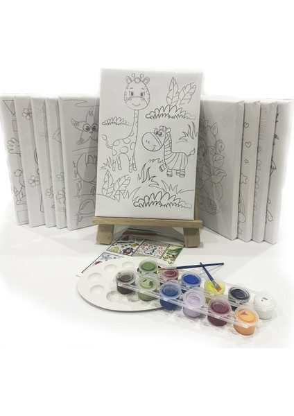 Kız Çocuk 10'lu Ressam Seti - 20 x 30 cm Önçizimli Tuval, 2 Adet Fırça, Palet, Boyalar ve Şövale