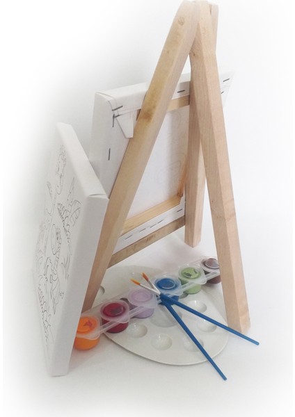 Erkek Çocuk Ressam Seti 5'li - 20 x 20 cm Önçizimli Tuval, 2 Ad. Fırça, Palet, Boyalar ve Şövale