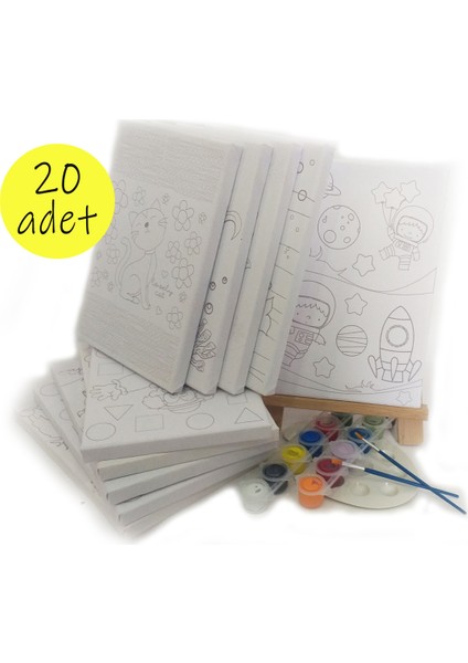 20'li Çocuk Ressam Seti - 20 x 20 cm Önçizimli Tuval, 2 Ad. Fırça, Palet, Boyalar ve Şövale