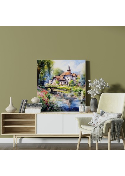 Huzurlu Nehir Köyü - Kanvas Tablo - Köy, Ev Dekorasyonu, Nazik Fırça Darbeleri, Duvar Sanatı, 30X30