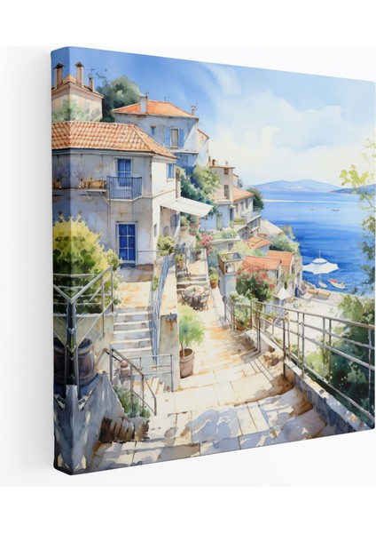 Sahil Köyü Kanvas Tablo - Sahil Suluboya Tablo - Köy, Ev Dekorasyonu, Sahilde Yaşam, Duvar Dekorasyonu, 30X30