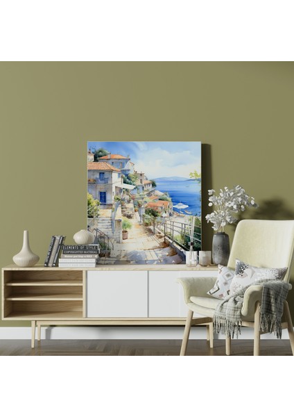 Sahil Köyü Kanvas Tablo - Sahil Suluboya Tablo - Köy, Ev Dekorasyonu, Sahilde Yaşam, Duvar Dekorasyonu, 30X30 fiyatları
