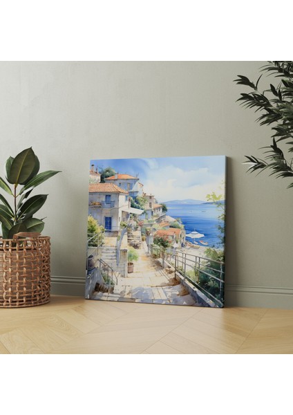 Sahil Köyü Kanvas Tablo - Sahil Suluboya Tablo - Köy, Ev Dekorasyonu, Sahilde Yaşam, Duvar Dekorasyonu, 30X30 modelleri
